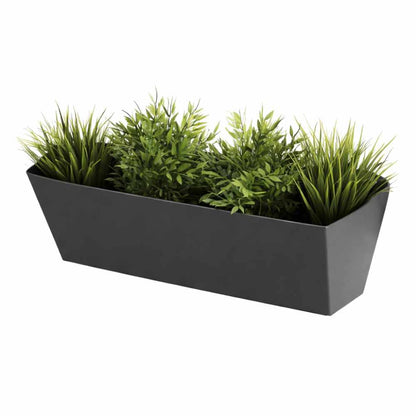 Black rectangular planter with green plants on a white background