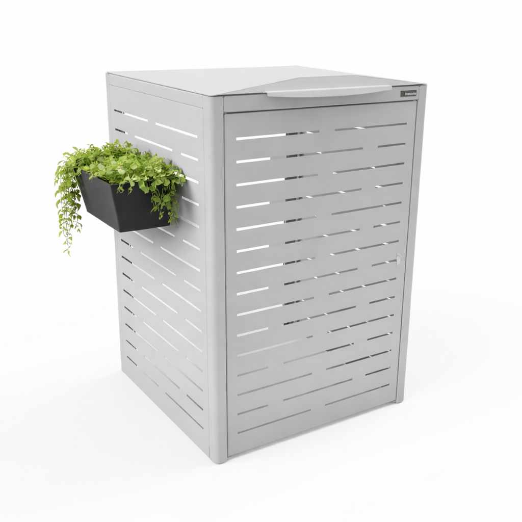White outdoor trash bin with a plant on a white background