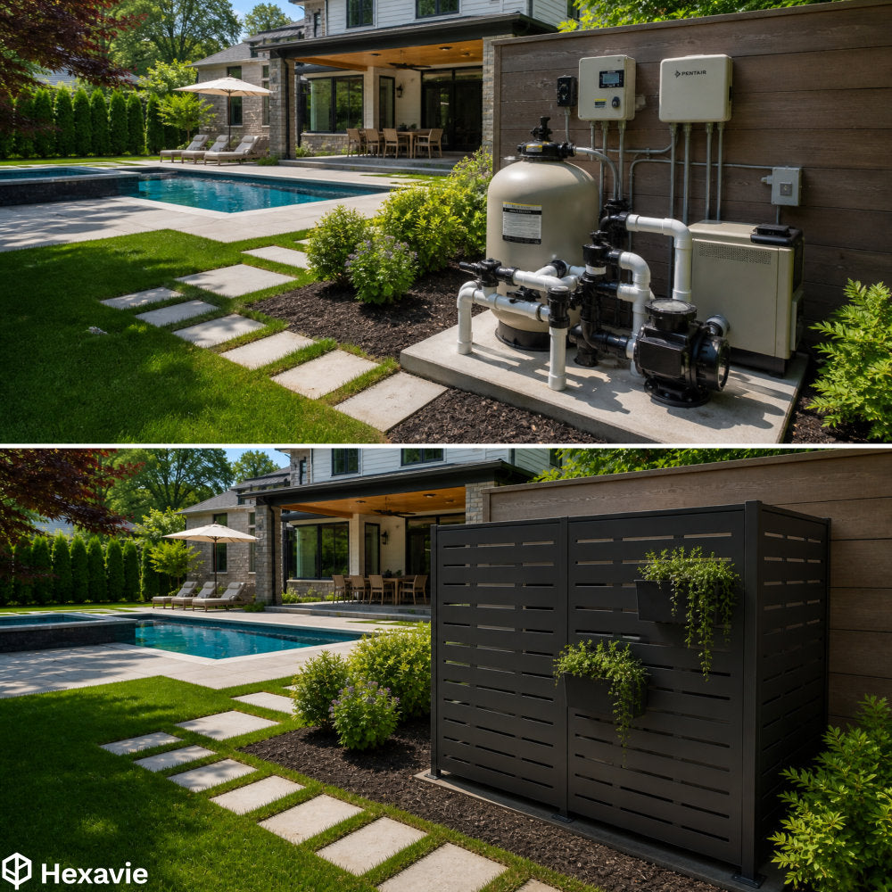 Pool pump system and privacy screen  with plants in a backyard setting, featuring Hexavie product.