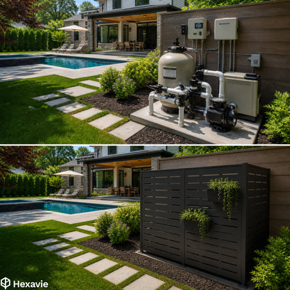 Pool pump system and privacy screen  with plants in a backyard setting, featuring Hexavie product.