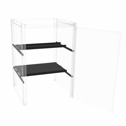 Metal shelving unit with two black shelves on a white background
