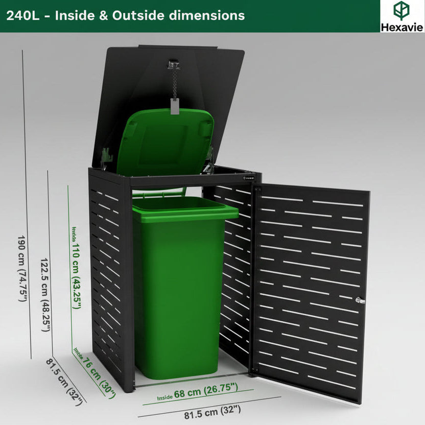 Green trash bin with black lid and frame, showing dimensions on a gray background.