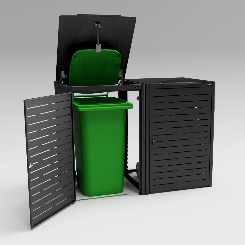 Green trash bin inside a black compostable bin enclosure on a gray background
