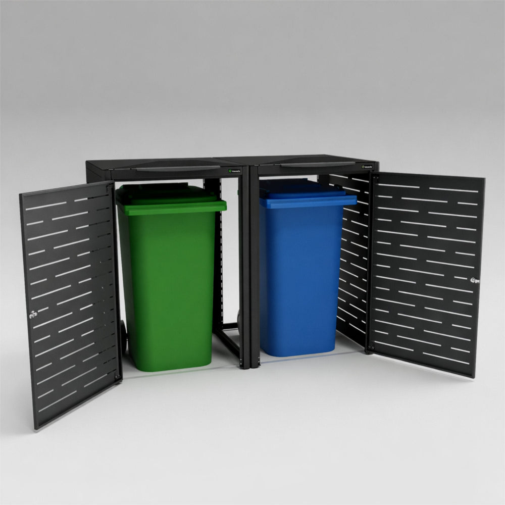 Black recycling bin station with green and blue bins on a gray background