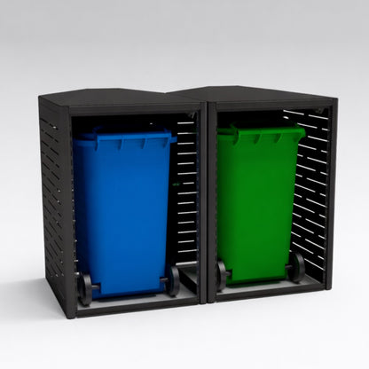 Black double-deck trash bin holder with a blue and green bin on a white background