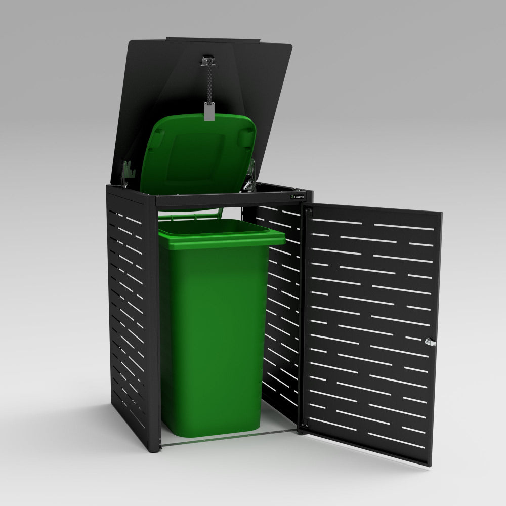 Green trash bin with a black lid and side panels on a gray background