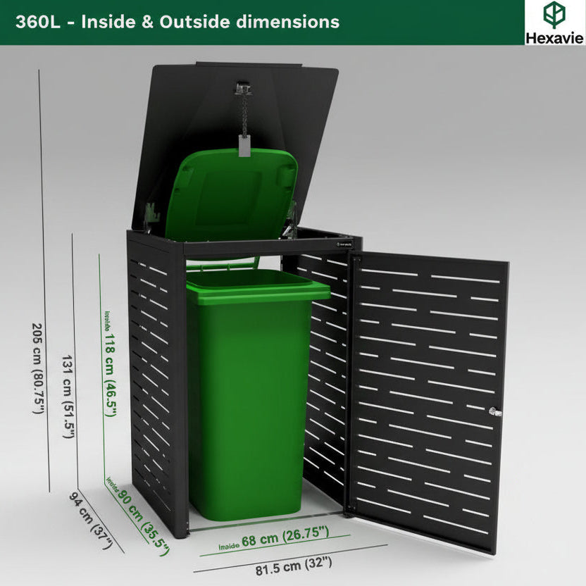 Green trash bin with black lid and side panels, showing dimensions on a gray background.