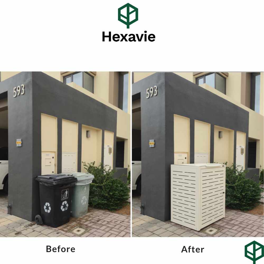 Before and after trash bin enclosure comparison of a building exterior with Hexavie branding.