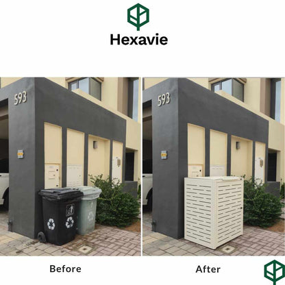 Before and after trash bin enclosure comparison of a building exterior with Hexavie branding.