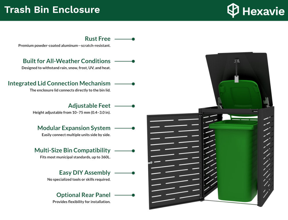 Hexavie trash bin enclosure with features listed on a white background