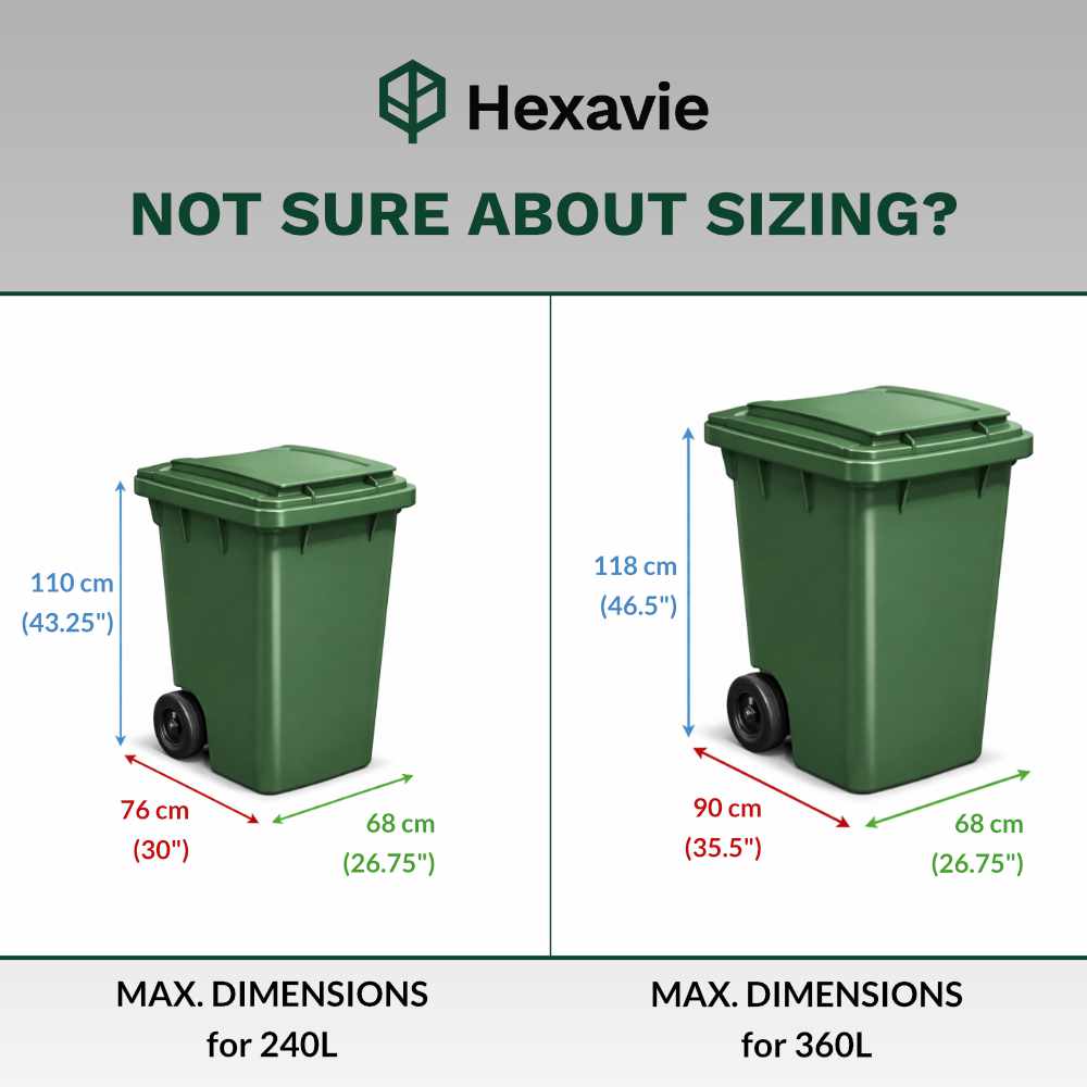 Hexavie green wheelie bin with measurements for 240L and 360L sizes on a gray background.