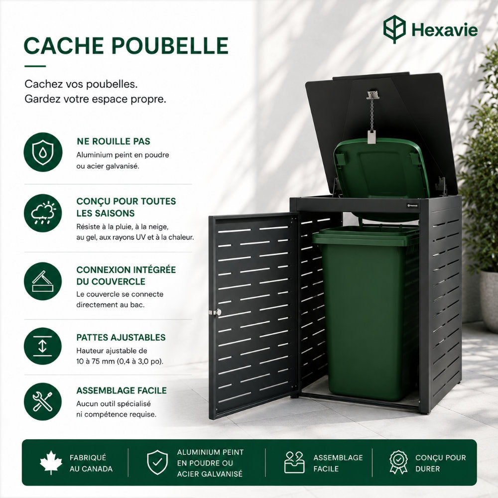Cache-poubelle Hexavie avec couvercle ouvert présentant les caractéristiques clés : matériaux résistants à la rouille, conception toutes saisons, connexion au couvercle du bac, pieds ajustables et assemblage facile.