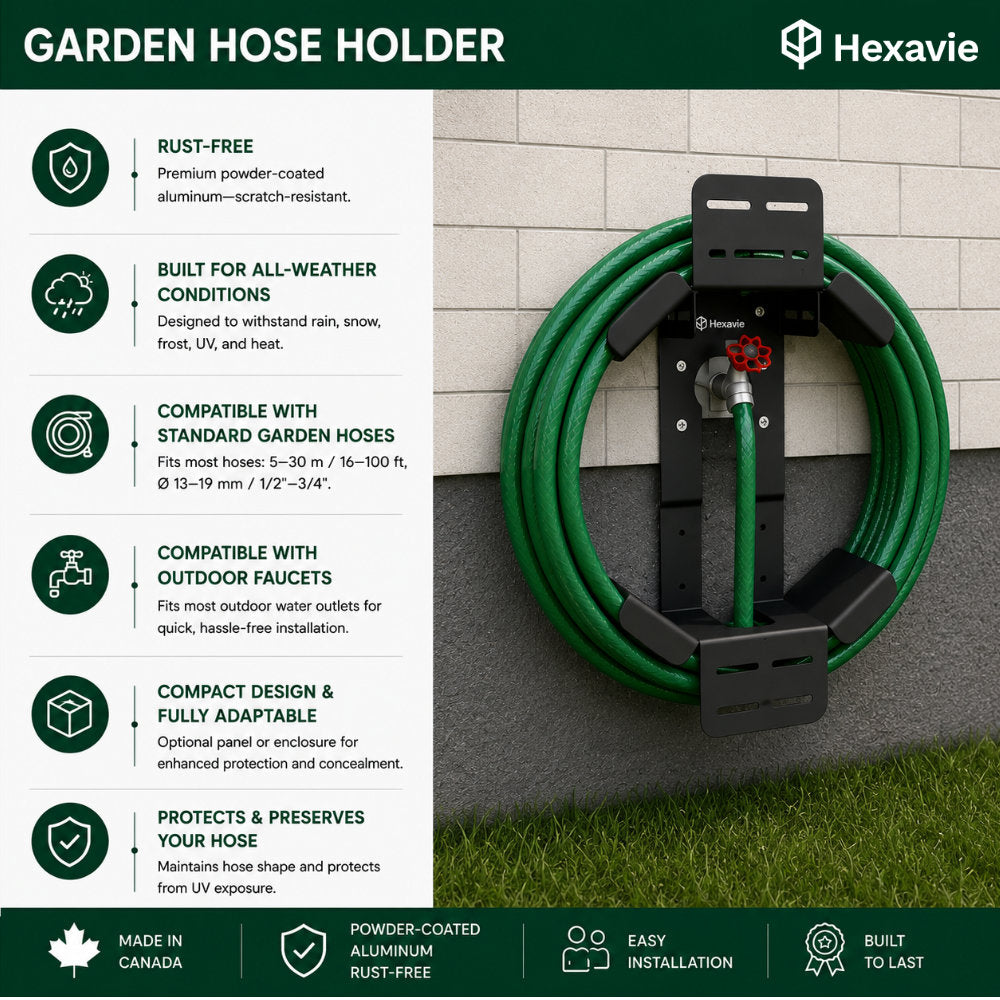 Hexavie garden hose holder mounted on an outdoor wall with a green hose, showing key features including rust-free powder-coated aluminum, all-weather durability, standard hose compatibility, outdoor faucet compatibility, compact adaptable design, and easy installation.