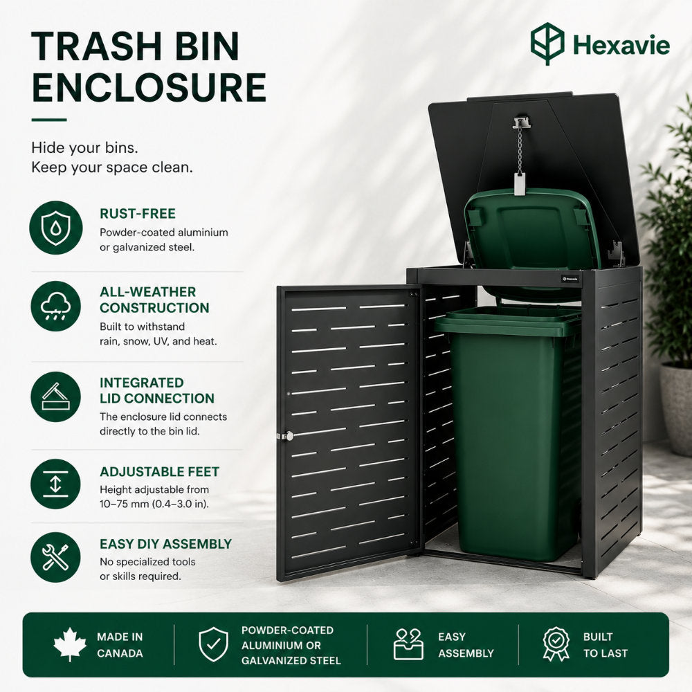 Hexavie trash bin enclosure with open lid showing key features including rust-free materials, all-weather construction, integrated lid connection, adjustable feet, and easy DIY assembly.